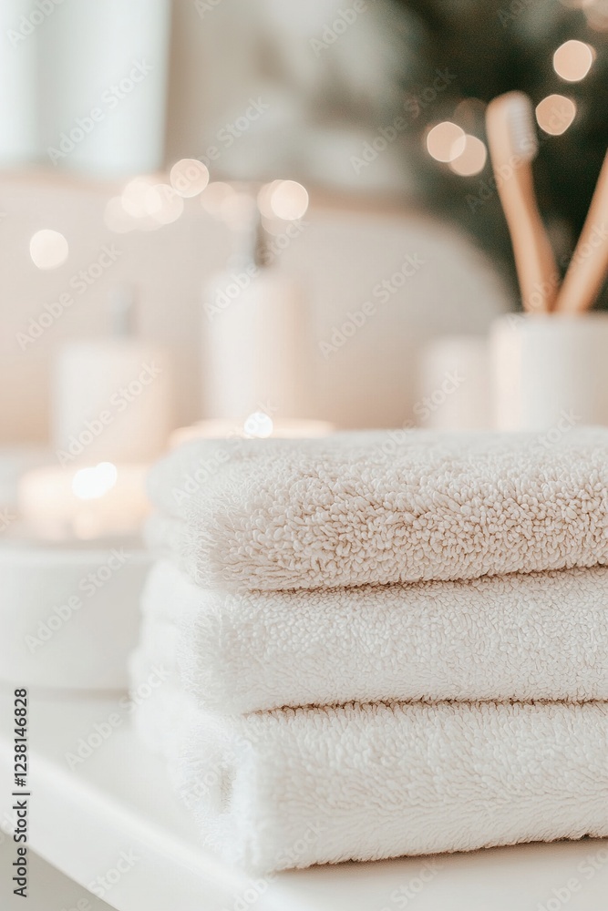 Poster fluffy white towels sit neatly stacked on a bathroom counter, creating a luxurious atmosphere enhanc