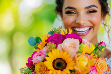 Fototapeta premium Joyful bride holding a vibrant flower bouquet outdoors on a sunny day
