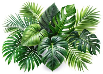 Lush Tropical Leaves and Foliage, Isolated on White