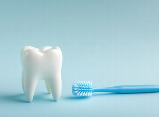 White tooth model and blue soft brush on a light blue background, a dental health concept. Dental care background. Tooth and toothbrush