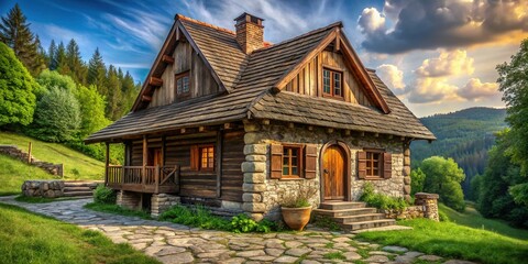 Long Exposure: Rustic Wooden & Stone Village House at Night