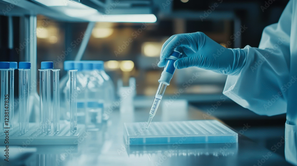 Poster scientist conducts experiment in laboratory using pipette and test tubes during research
