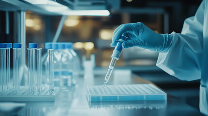 Scientist conducts experiment in laboratory using pipette and test tubes during research