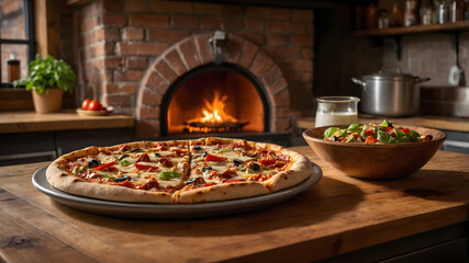 A freshly baked pizza with melted cheese, olives, and bell peppers sits on a wooden table in a cozy kitchen, celebrating National Pizza Day.