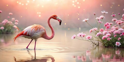 Fototapeta premium A flamingo wading in shallow water against a soft pink background, flowers, bird's eye view, flowers, bird's eye view, branch