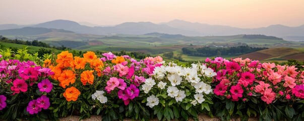 Fototapeta premium Garden blooms nature concept. A vibrant display of blooming flowers with mountains in the background at sunset.