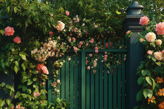 A green gate with pink flowers on it