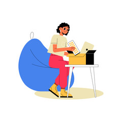 Woman Unboxing Online Order In Flat Vector Illustration Symbolizing E commerce, Online Shopping, And Home Delivery, Isolated On White Background