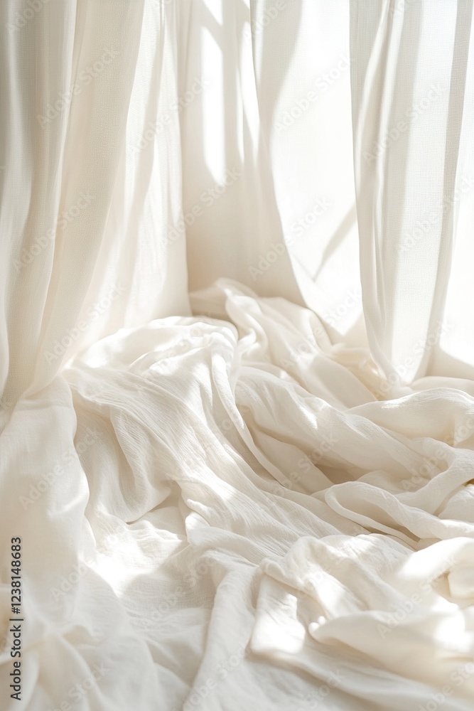 Poster freshly laundered white sheets are being spread on a bed, creating a tranquil atmosphere enhanced by