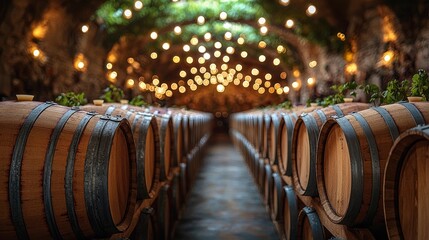 Dramatic Lighting Illuminates Vintage Wine Barrel Aging Room with Serene Atmosphere