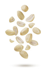 Peeled peanuts flying close-up on white. Isolated