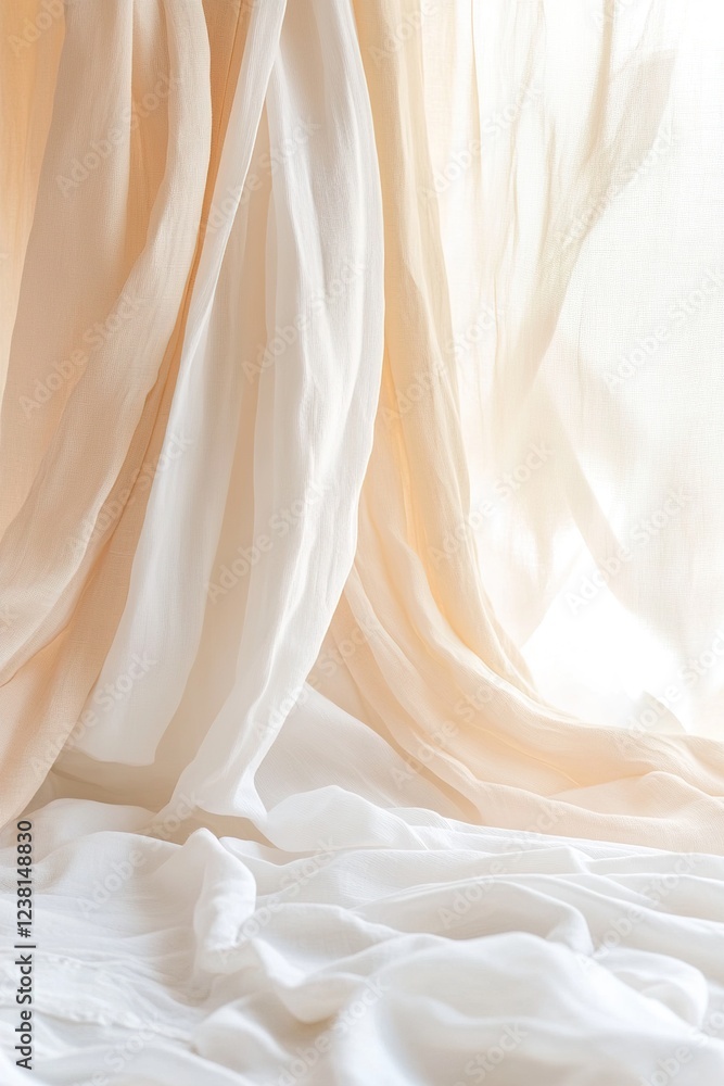 Poster freshly laundered white sheets are being spread on a bed, creating a serene atmosphere. soft light f