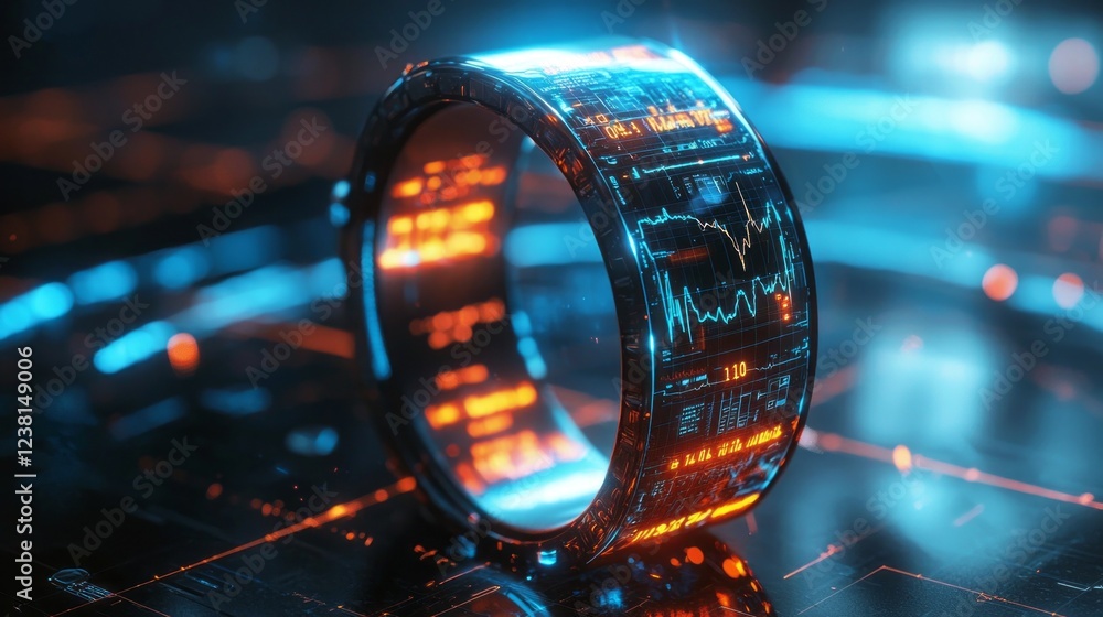 Aufkleber a sleek wristband displays vibrant health metrics in a futuristic setting, surrounded by glowing dat