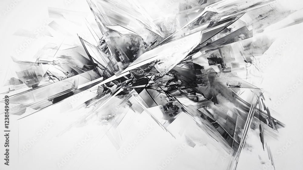 Poster layered abstract collage showcasing dynamic shapes and textures in black and white tones. generative