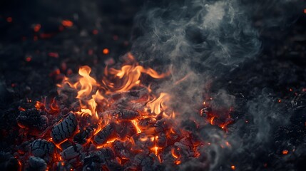 Embers glowing intensely with smoke rising