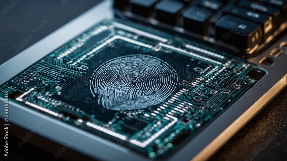 Poster close-up view of a fingerprint sensor embedded in a circuit board highlighting technology and securi