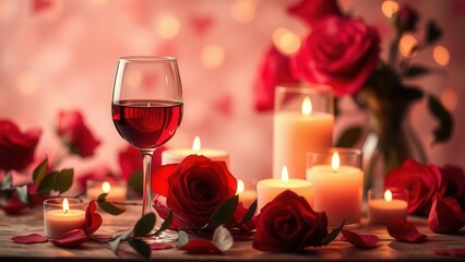 Romantic background with wine, candles and rose petals.