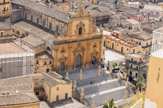 MODICA, ITALY, JUNE 23, 2023 - Aerial view of the Cathedral of San Peter Apostle in Modica, province of Ragusa, Sicily, Italy