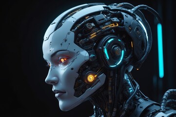 Fototapeta premium Close-up profile of a female robot head, showcasing intricate mechanical details and glowing internal components.