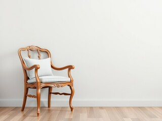 Simple French-Style Wooden Armchair with Light Grey Wall, light grey wall, wood armchair, minimalist