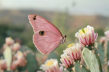 Obraz premium A Desert Blush butterfly, with dusty pink wings, fluttering over a desert landscape with blooming cacti.