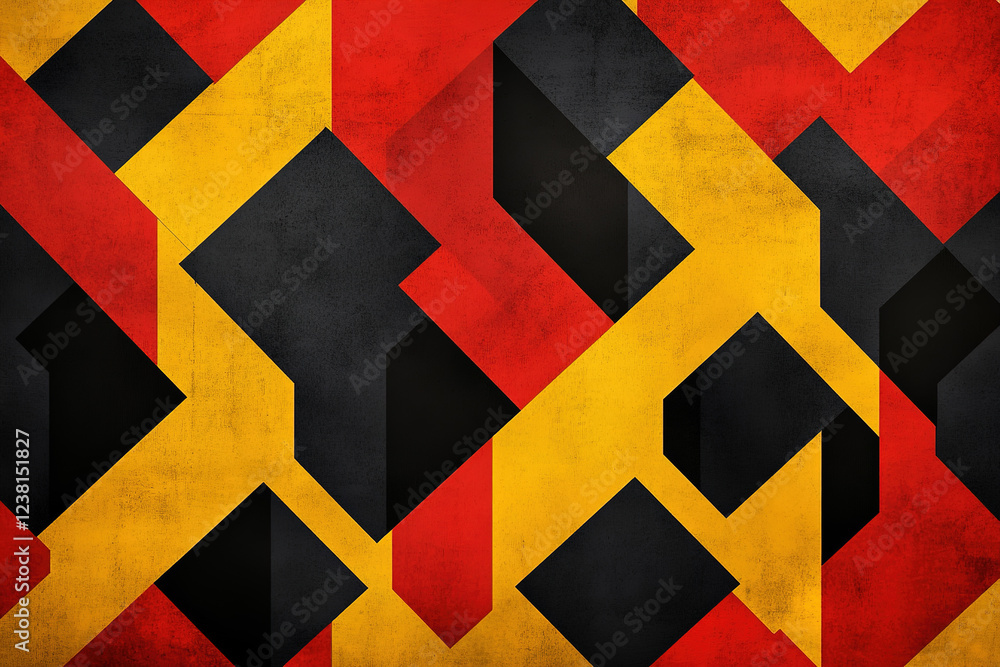 Poster geometric abstract pattern with red, black, and yellow shapes creating a striking visual effect