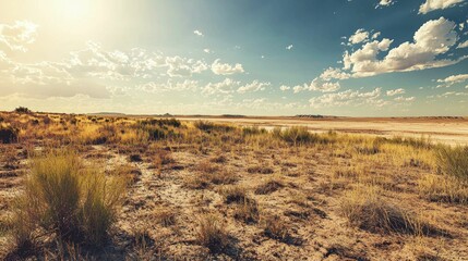 Vast Open Landscape with Sparse Vegetation under Bright Sky