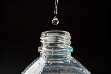 Single water droplet in a clear plastic bottle suspended by thin wires, thin wire, clear plastic, single drop, water droplet, refreshment
