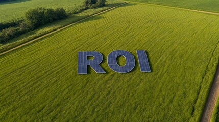 Aerial view of solar panels forming word "ROI" in open field, energy efficiency concept