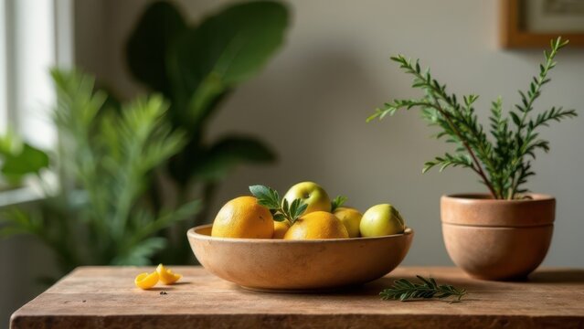 A Rustic Wooden Bowl Overflowing with Fresh and Vibrant Fruits on a Charming Wooden Table