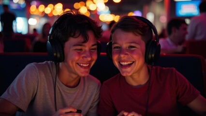 Obraz premium Two teenage boys sit side-by-side on a bench smiling at each other.