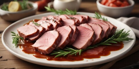 Sliced meat dish with sweet glaze and fragrant rosemary sprig , glaze, plate, herb