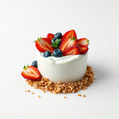 Sliced strawberries and blueberries placed on a serving of Greek yogurt with a sprinkle of granola on top, serving suggestion, breakfast in bed