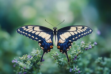 Fototapeta premium A Dingy Swallowtail on a cluster of wild thyme, its muted colors blending with the natural greens.