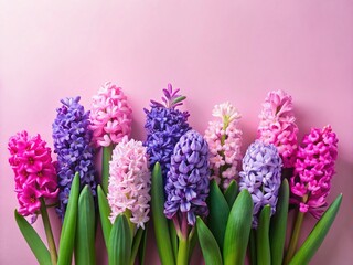 Fototapeta premium Pink and Purple Hyacinth Flowers on Soft Pink Background for Hello Spring