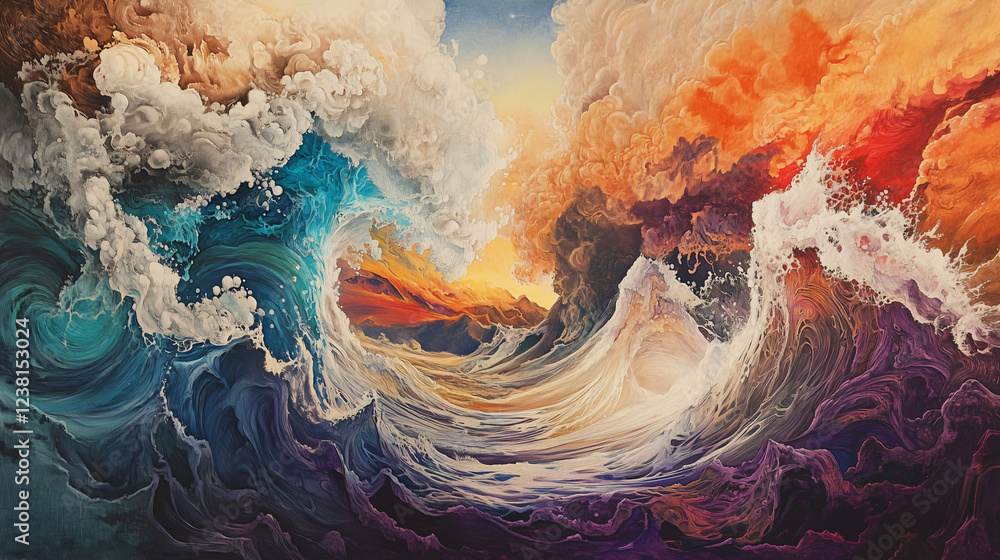 Poster expressive collection of pencil and acrylic sketches capturing dynamic waves and tumultuous skies. g