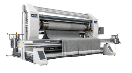 Industrial weaving machine processing fabric on transparent background