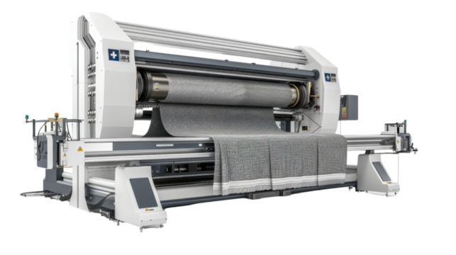 Industrial weaving machine processing fabric on transparent background