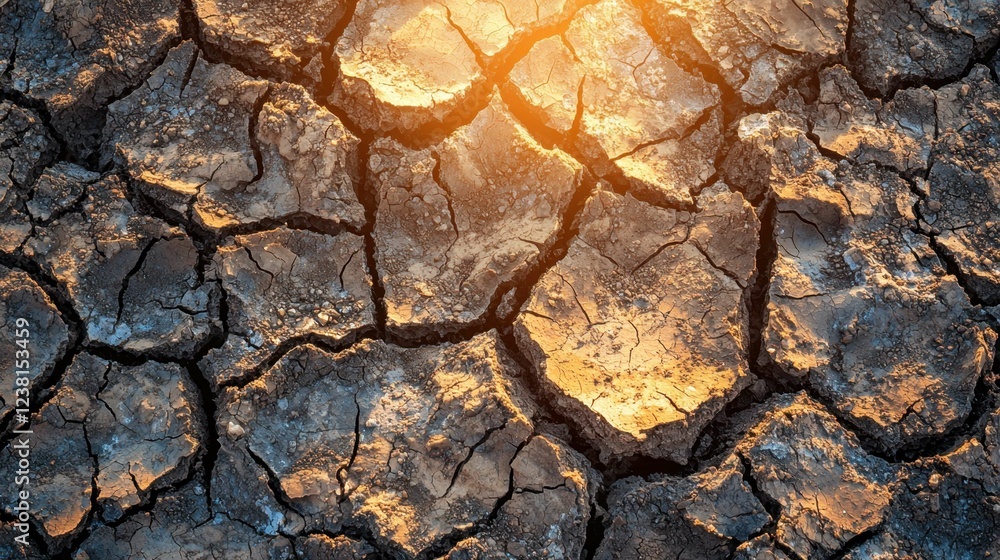 Poster dry soil with cracks under harsh sunlight creating a desolate landscape