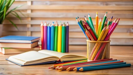 Fototapeta premium Colorful pencils scattered on a wooden desk amidst textbooks and school supplies for an educational learning environment , study materials, classroom setup