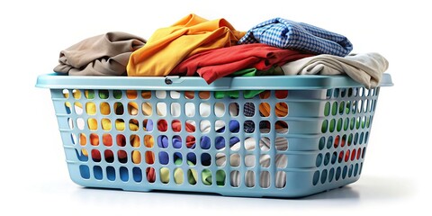 Plastic Laundry Basket Full of Clean Laundry Isolated on White Background