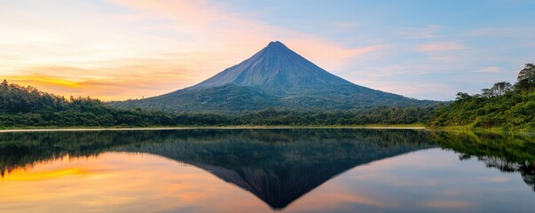 Fototapeta premium Mountain peak nature idea. Breathtaking sunset reflection over serene lake with a majestic volcano in the background.
