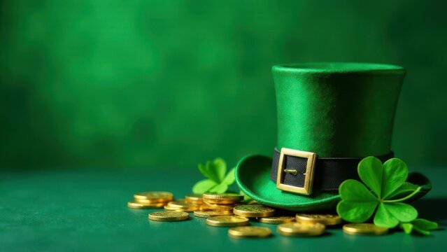 Green Top Hat With Gold Coins And Four Leaf Clovers On Green Background