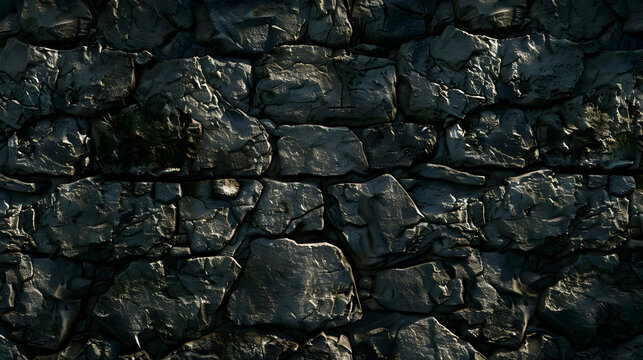 A textured stone wall with various rock shapes and shadows.