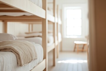 This softly focused dormitory highlights functional bunk beds with basic linens and personal lockers beneath, reflecting a communal atmosphere ideal for group stays