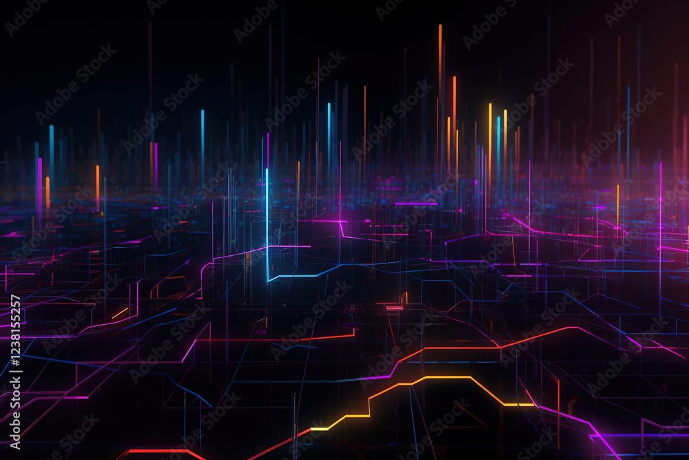 Poster vibrant digital landscape with neon lines and glowing pillars in an abstract representation of a dat