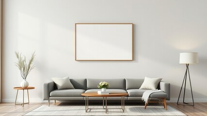 A mockup of living room wall art featuring a canvas print against a neutral background, background, living room, canvas