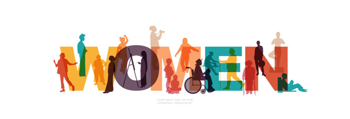 Women sign with silhouettes of different women. Banner for Women's Day.