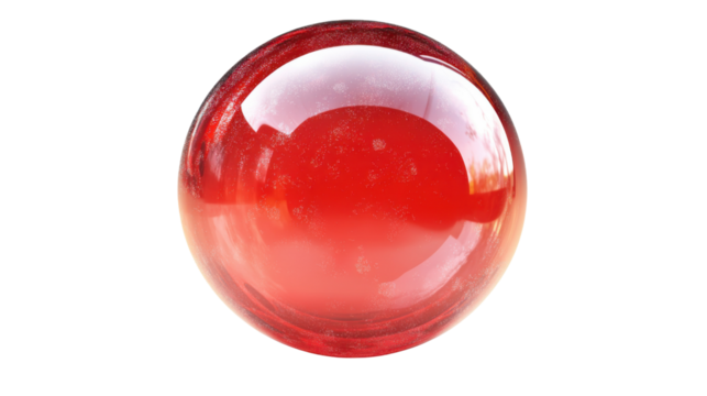 Shiny red glass sphere reflecting light on transparent background