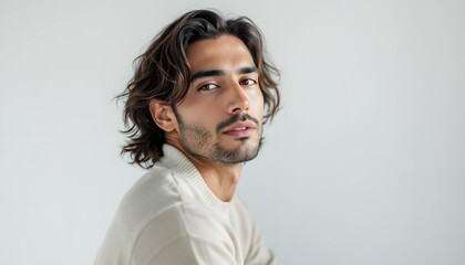 man in a white sweater on a white background generative ai
